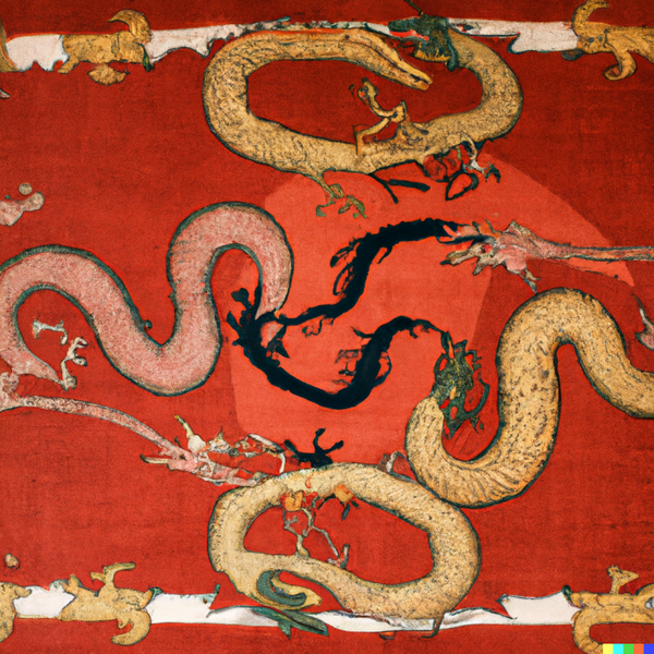 File:-ai-DALLE 2022-09-11 00.08.37 - A medieval tapestry depicting 4 dragons intertwined in battle..png