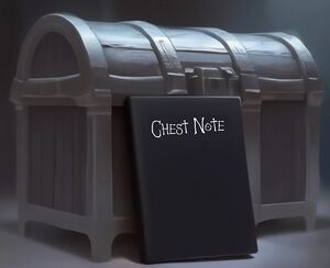 A metallic chest with a black book titled 'Chest Note' leaning up against it